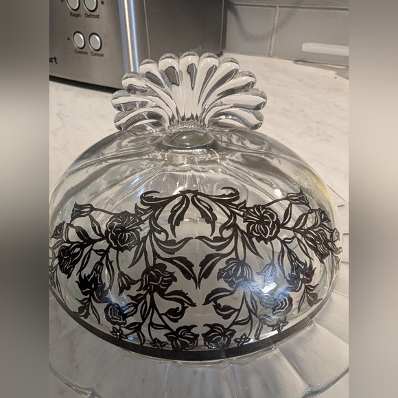 Round Glass Butter Dish with Black Floral Design. 4 Inches In Diameter. - Picture 8 of 8